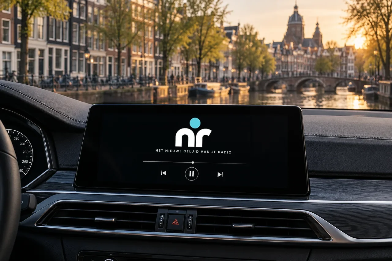 Autoscherm met NexRadio live, met uitzicht op een Amsterdamse gracht